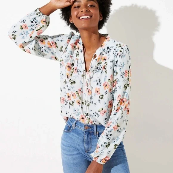 LOFT | Tops | Loft Light Blue Floral Split Neck Long Sleeve